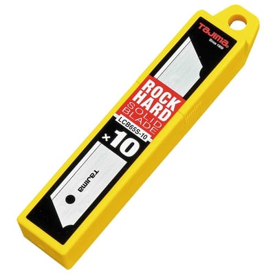 Tajima Trading knivblade uden segmenter, 25mm LCB-65S i SK2 stål, pakke med 10 stk i gul plastikbeholder.