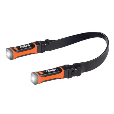 Osram LEDinspect WEARABLE NECK LIGHT med 265 lumen og IP54. Lampen har orange greb og et fleksibelt, sort bånd til at bære om halsen.