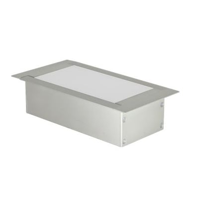 Indbygningsprofilen Profil Strip Rail på 63 x 32 mm ses skråt ovenfra med grå kant og hvid midterflade.