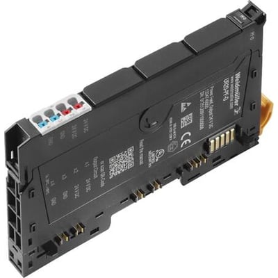 Weidmüller UR20-PF-O strømforsyningsmodul med 24V DC output, vist fra siden på en hvid baggrund.