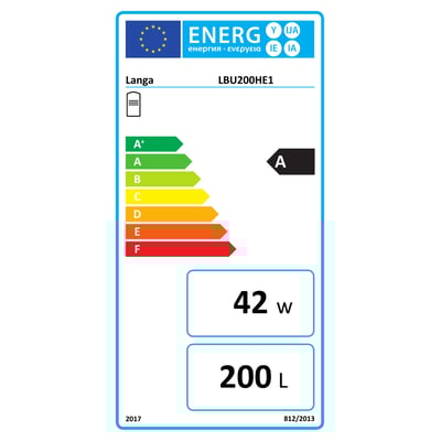 Energimærke for Langå akkumuleringstank med energiklasse A, 200 liters volumen og 42W standby-forbrug.