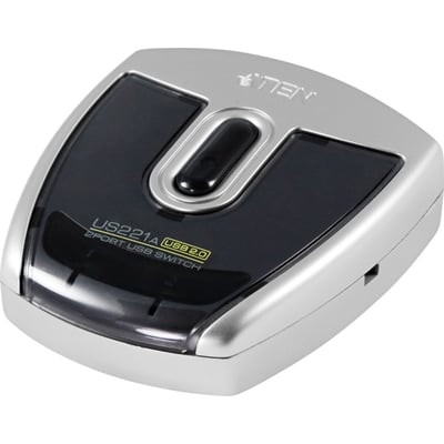 ATEN US221A-AT USB 2.0-omskifter i sølv med sort overside og central knap til deling af én USB-enhed mellem to computere.