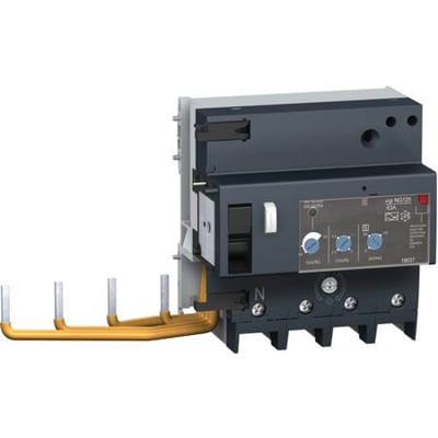 Schneider Electric Vigi NG125 fejlstrømsafbrydermodul, 63A, 4P, 30mA i mørkegrå plast med synlige tilslutningsskinner i gul og klar.