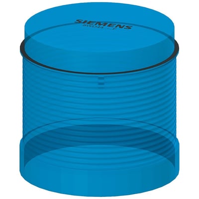 Siemens SIRIUS 8WD4 roterende signallampe i blå med integreret LED, 24V og 70mm diameter på hvid baggrund.