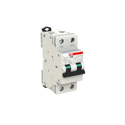 ABB DS202CR 2-polet kombiafbryder, 40 A, type A og 300 mA med C-karakteristik, set skråt forfra.