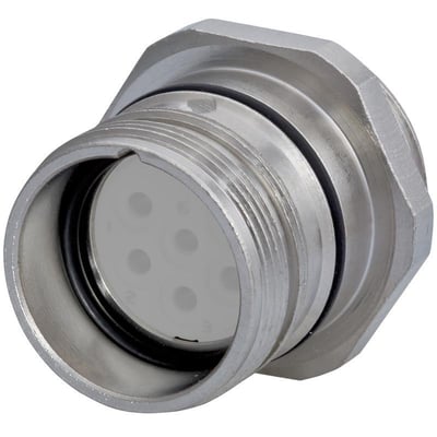 Weidmüller M23-stikhus i kobber-zinklegering med gevind, sekskantet flange og synlig indvendig kontaktindsats.