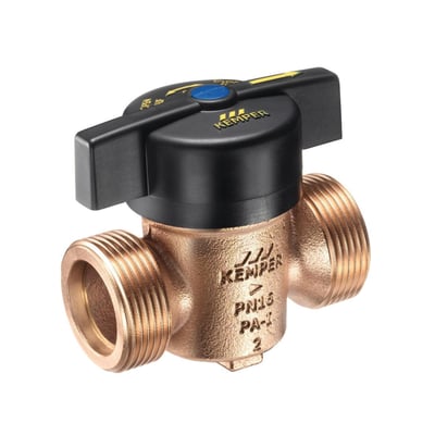 Kemper VAV kugleventil i blyfri rødgods med DN15, 3/4" udvendig gevind og sort håndtag med åben/luk pilvisning.