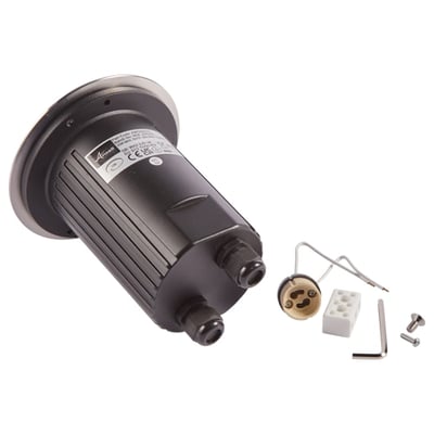 Ansell Lighting GU10 149 nedgravningsspot i sort aluminium og stål, vist med GU10 fatning og monteringsdele.