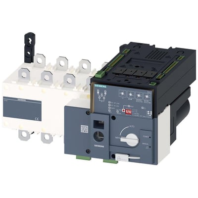 Siemens SENTRON ATE 3KC overførselskontakt, 4-polet, 250A, med detaljeret frontpanel med knapper og indikatorer, og monteringsblok til venstre.