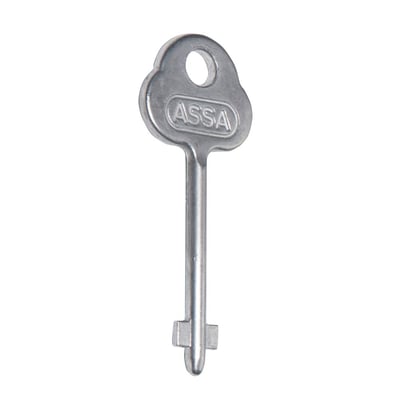 ASSA ABLOY omstillingsnøgle til lås 562 set forfra, med rundt nøglehoved, ASSA-logo og lang nøglekam.
