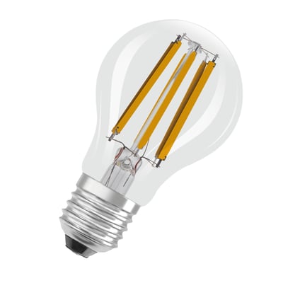 Emballage til Ledvance LED Standard Classic A100 DIM, viser pærens egenskaber som dæmpbar og E27 sokkel.