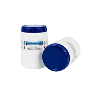 BERA Pasta AlSi12 til aluminiumsslaglodning i en hvid plastbeholder med blå låg og mærkat.