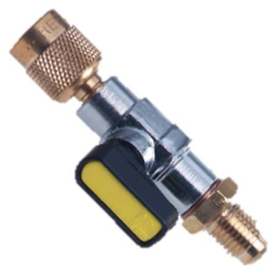 Refco kugleventil med 1/4" og 1/2" flaretilslutning, egnet til R32/R410A kølemidler og godkendt til 60 bar tryk.