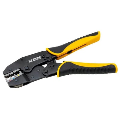 Ironside multicrimp-crimptang på 220 mm med sort og gult 2-komponentgreb, vist skråt fra siden.