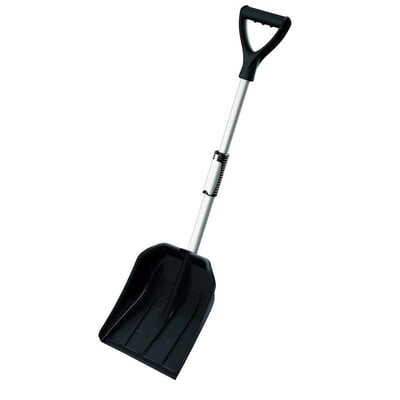 Ironside sneskovl til bil med sort plastskovlblad, teleskopisk aluminiumsskaft og sort D-håndtag.