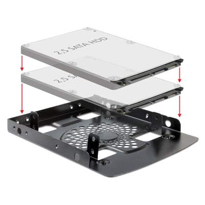 DeLock monteringsramme til 3,5″ plads med to 2,5″ HDD'er vist over rammen i en eksploderet visning.