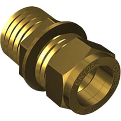 Nærbillede af IBP Conex overgangsnippel, der viser 10 mm kompressionsfittings og 1/4" gevind med mærket 'CONEX'.