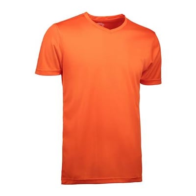 ID Identity T-shirt Yes i str. S i en klar orange farve med V-hals, perfekt til sport eller arbejde.