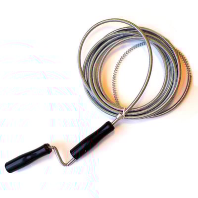 5 meter lang rensefjeder i fjederstål med sort ABS-plastgreb, ideel til rensning af afløb.