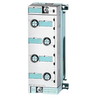 Siemens ET200PRO tilslutningsmodul med 4 x M12-stik og grønne klemmer, model TM-E15C24-01.