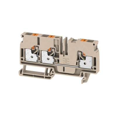 Gennemgangsklemme A3C 6 fra Weidmüller i beige, med synlige orange PUSH IN klemmer og metalterminaler.
