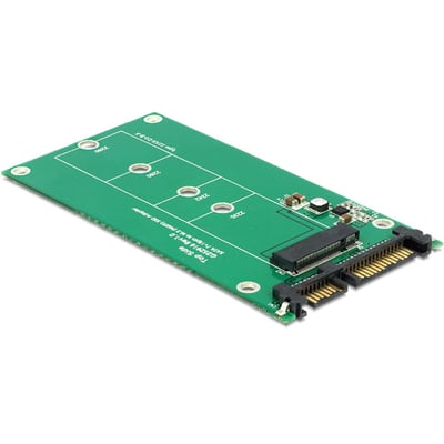 Grøn DeLOCK-adapter, der konverterer SATA 22-pin til M.2, med stik og M.2-sokkel synlige.