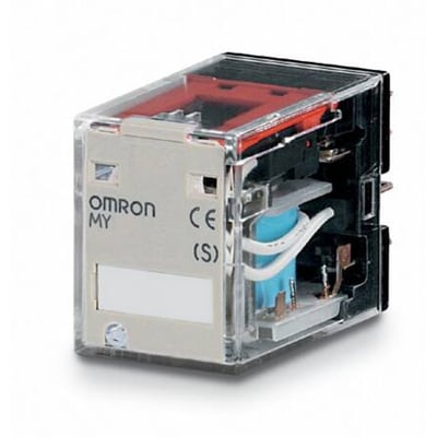 Omron MY4ZN-D2 plug-in relæ med 14-polet 4PDT gaffelkontakter og 24VDC spole, set fra siden.