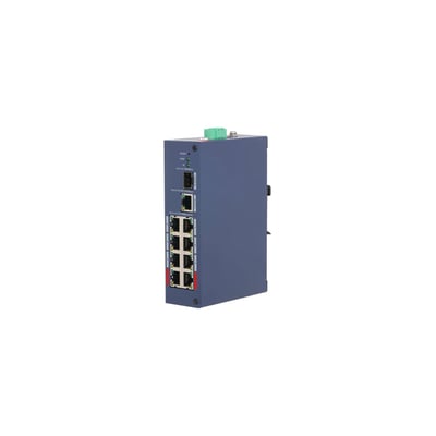 Dahua cloud-administreret switch CHS4110-8ET-110 med 10 porte og 8 PoE-porte, set skråt forfra med porte og metalhus.