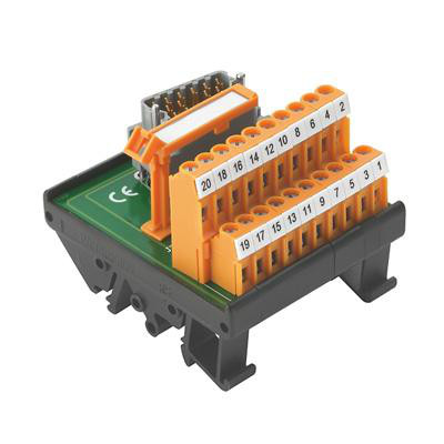 Weidmüller LP2N interfacemodul med 20-polet ELCO-stik og orange tilslutningsterminaler på mørk base.