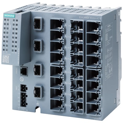 Siemens SCALANCE XC224-4C G industri-switch med 20 RJ45-porte og 4 combo-porte, IEC 62443-4-2 certificeret, grå.