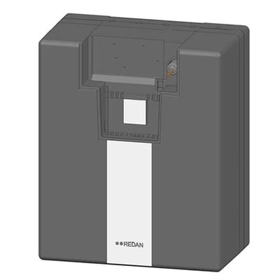 Danfoss Vandvarmer Lux II TDe 40 projekt, 53kW, fuldisoleret enhed i mørkegrå med hvid lodret stribe og REDAN logo.