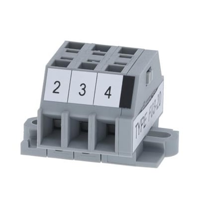 Omron F03-20 klemrække til væskelækagesensor, grå med hvide mærkater numreret 2, 3 og 4 samt typeangivelse.