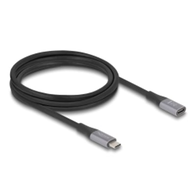 DeLock USB 40 Gbps forlængerkabel i sort med USB-C han til hun stik, 2 meter lang med metalafslutninger.