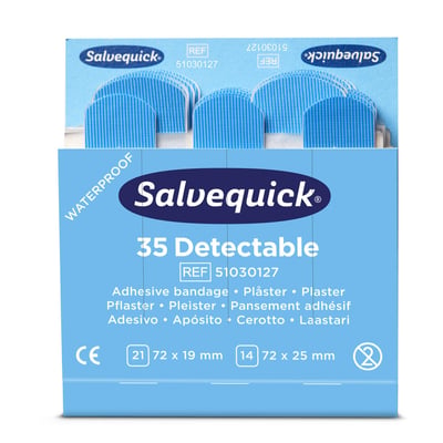 Salvequick Blue sporbare plastre i blå dispenseremballage med blå plastre synlige øverst; to størrelser.