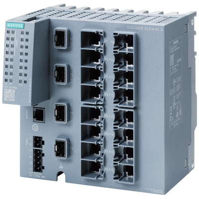 Siemens SCALANCE XC216-4C G managebar Layer2 Industrial Ethernet switch med 12 RJ45 og 4 combo porte. Kompakt grå enhed med diagnostik LED og konnektorer.