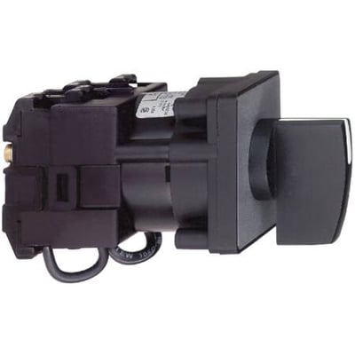 Sidevisning af Schneider Electric drejeomskifter med 1 polet og 2 stillinger, sort plast og metalkomponenter.