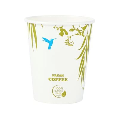 Hvidt kaffebæger på 12oz (34cl) med dekoration af en blå kolibri og grønne blade, mærket 'Fresh Coffee' og '100% Plastic Free'.