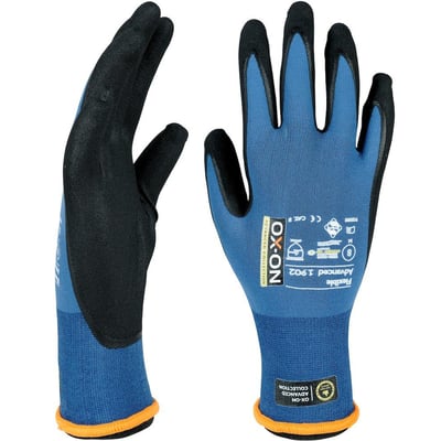Detaljeret billede af OX-ON Flexible Advanced 1902 handsker, der viser logoer, størrelsesmærkning (8) og OekoTex-certificering.