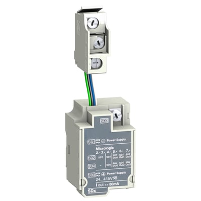 Schneider Electric SDx alarmmodul med 24-415VAC/DC, viser tilslutningsklemmer og ledningsføring, perfekt til lavspændingsinstallationer.