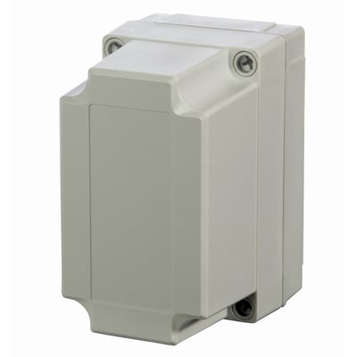 Fibox MNX PC kabinet i grå, måler 130x100 mm, set fra siden med fokus på skruer og lukning.