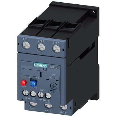 Siemens SIRIUS overbelastningsrelæ med indstillingsområde 47-57A. Relæet er mærket med produktinformation og har knapper til STOP, RESET samt testfunktion.