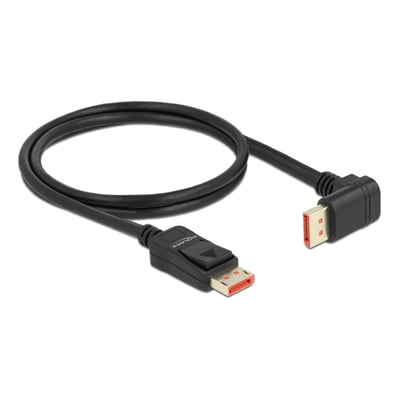 Sort Delock DisplayPort 1.4 kabel med 90° nedadvinklet stik, ideelt til 8K 60Hz opløsning over 1 meter.