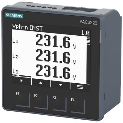 Siemens SENTRON PAC3220 strømovervågningsenhed med LCD-skærm, der viser 231.6V for L1, L2 og L3. Enheden har funktionstaster F1-F4 og et tydeligt Siemens-logo.