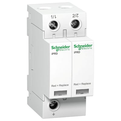 Schneider Electric overspændingsafleder iPRD65r 2P 350V med tydeligt mærkede terminaler 1/1 og 2/2, samt 'Red = Replace' indikator.