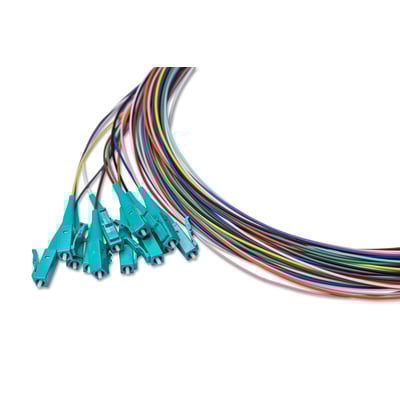 Sæt med 12 stk. pigtails, MultiMode OM3 SemiTight, hver 2m lang med LC/PC konnektor i 12 forskellige farver, Ø0,9mm.