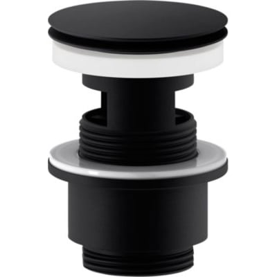 Mora Push Down bundventil med overløb i mat sort finish, viser push-open mekanismen og Ø63 mm diameter.