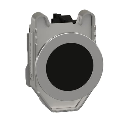 Schneider Electric Harmony XB4 flush trykknap i sort metal med 1NO kontakt og fjederretur, vist på hvid baggrund.