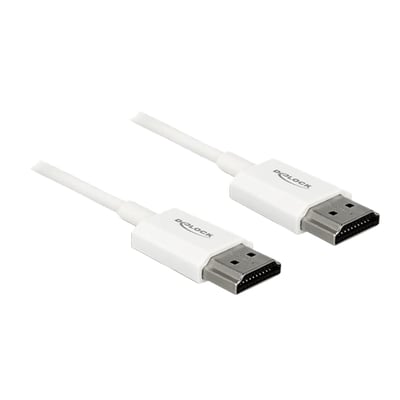 Hvidt Delock HDMI-kabel på 4,5 meter med HDMI-A-hanstik i begge ender, vist med stikpropperne.