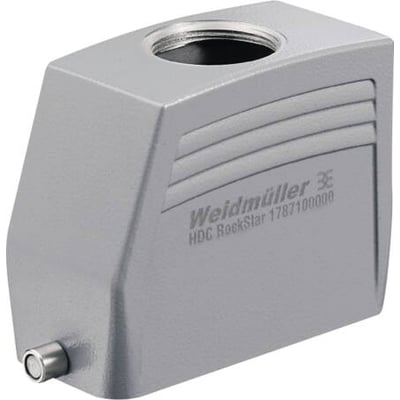 Weidmüller HDC RockStar kabelhus størrelse 6 med PG29 topindgang og en bøjle, grå aluminiumskonstruktion.