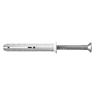 Fischer N8x60/20 mm sømdybel med grå nylonplug og sømskrue i A2 rustfrit stål, vist fra siden.
